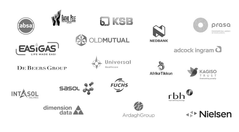 lient logos: De Beers Group, Universal Healthcare, Intasol, Dimension Data, Sasol, Afrika Tikkun, Kagiso Trust, Ardagh Group, RBH